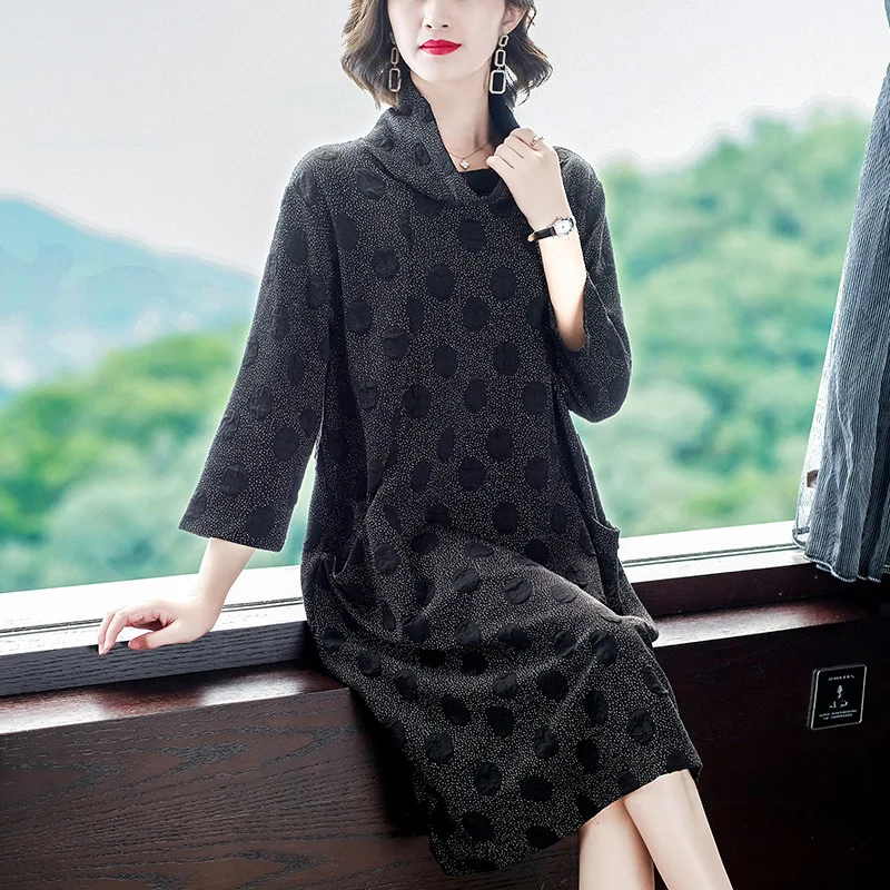 

Knitted Jacquard Heap Collar Middle-aged Western Style Dress 2019 Autumn And Winter New Style Fashion Loose Belly Covering Base