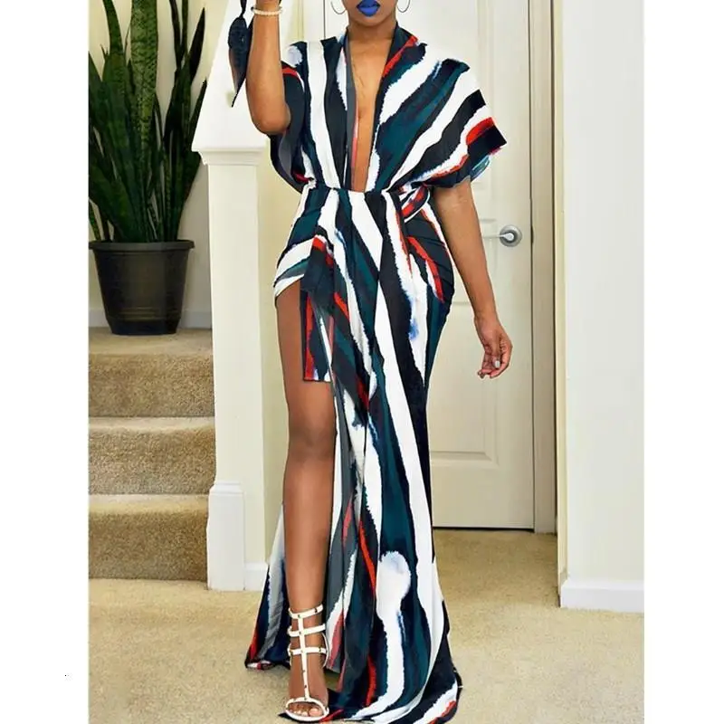

2019 Vrouwen Elegante Mode Vintage Prom Contrast Kleur Maxi Jurk Vrouwelijke Colorblock Tie Dye Side Split Party Dress