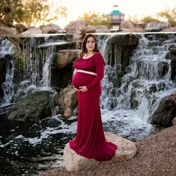 

Maternity Fitted Elegant Gown for Baby Shower Pregnancy Long Sleeve Off Shoulder Ruffles Maxi Photography Dress for Photo Shoot