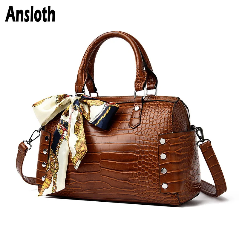 

Ansloth Crocodile Pattern Shoulder Bags Women Scarf Handbags Luxury Crossbody Bags Rivet Messenger Bags Female Handle Bag HPS793
