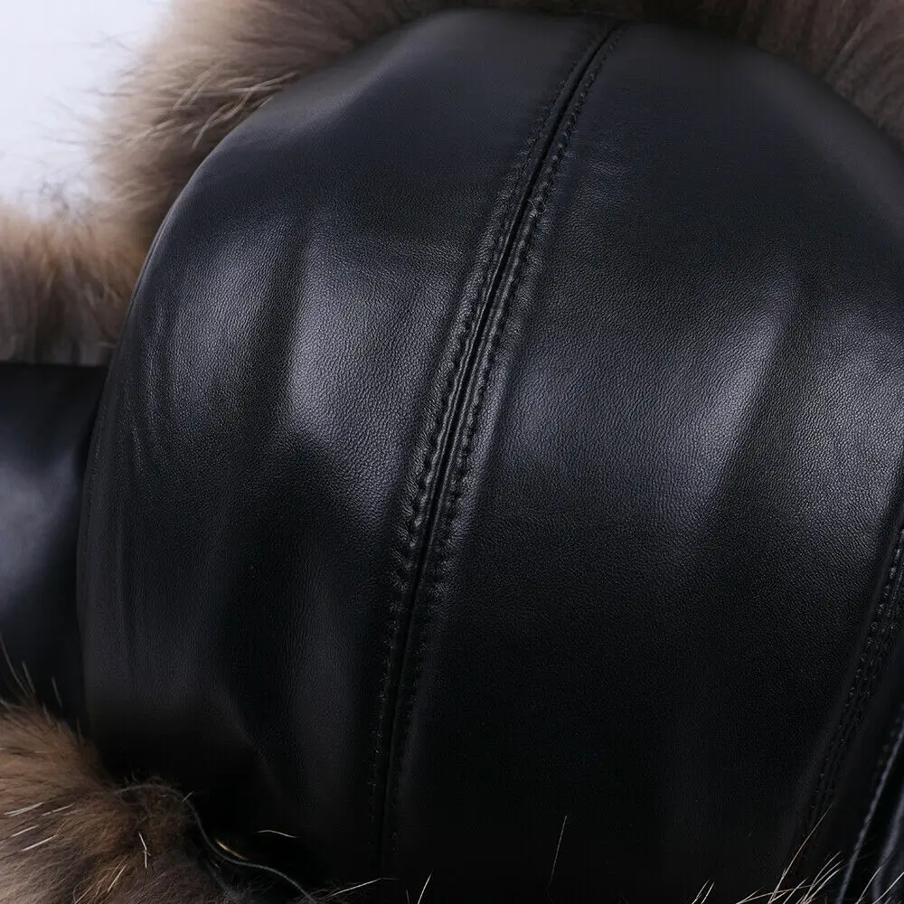Winter Men's Real Silver Fox Fur Bomber Hat Raccoon Fur Ushanka Cap Trapper Russian Man Ski Hats Caps Real Leather winter hat fur hat