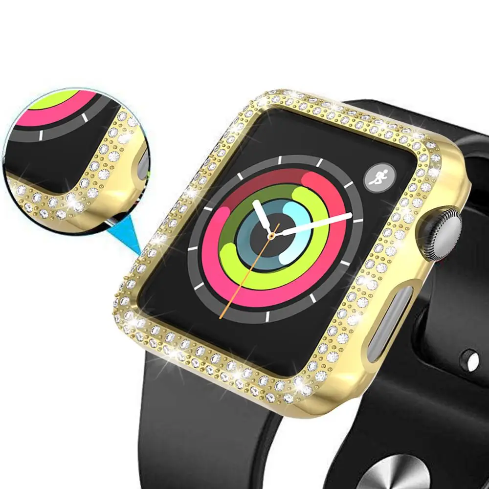 gold Чехол для часов с двумя алмазами для apple watch 5, 4, 3, 2, чехол 38 мм, 42 мм, 40 мм, 44 мм, защитный чехол для экрана для iWatch Series 5, 4 - Цвет: gold