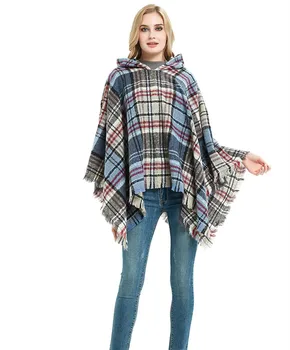 

New Women Warm Plaid Hooded Cape Poncho Winter Collar Knitted Sweater Outdoor Wear Tassel Coat Plaid Hoodies For Fashion Female