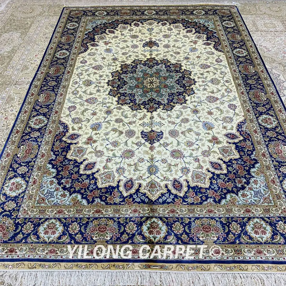 Yilong 6'x9' классические персидские ковры белый изысканный медальон шелковый ковер (ZQG262A)