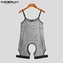 INCERUN 2021 Comfortable Homewear New Men's Solid Breathable Mesh Jumpsuit Sexy Leisure  Leaky Sling Sleeveless Bodysuits S-5XL
