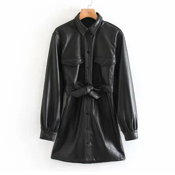 

Stylish PU leather black dress long sleeve lapel sashes pockets female casual elegant chic dresses vestidos