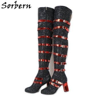 

Sorbern Black Glitter Punk Boots Women Cute Round Toe Block Heels Rivets Holo Red Straps Open Back Thigh High Boot Ladies