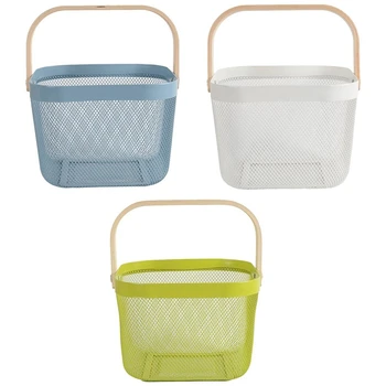 

Candy Colors Wood Handle Fruit Vegatable Basket Metal Mesh Storage Bag Basket Organizer