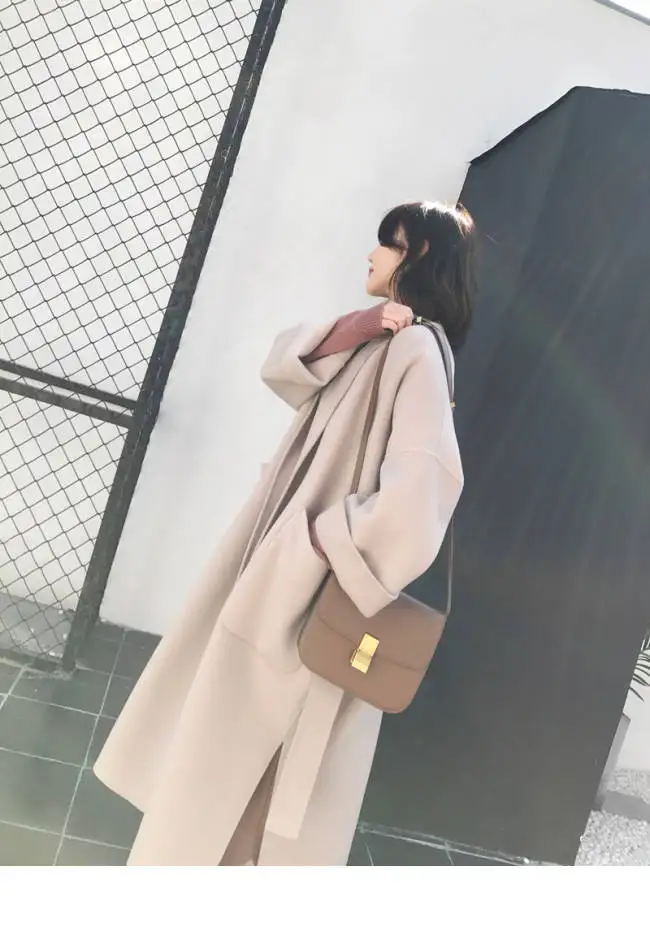 Корейское Длинное свободное шерстяное пальто с отворотом, женское простое теплое пальто с длинными рукавами и поясом, Дамское зимнее Однотонное шерстяное пальто с большим карманом для женщин