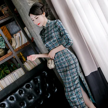 

Elegant Plaid Women Qipao Chinese Traditional Classic Mandarin Collar Vintage Cheongsam Sexy Slim Long Vestidos Plus Size Dress
