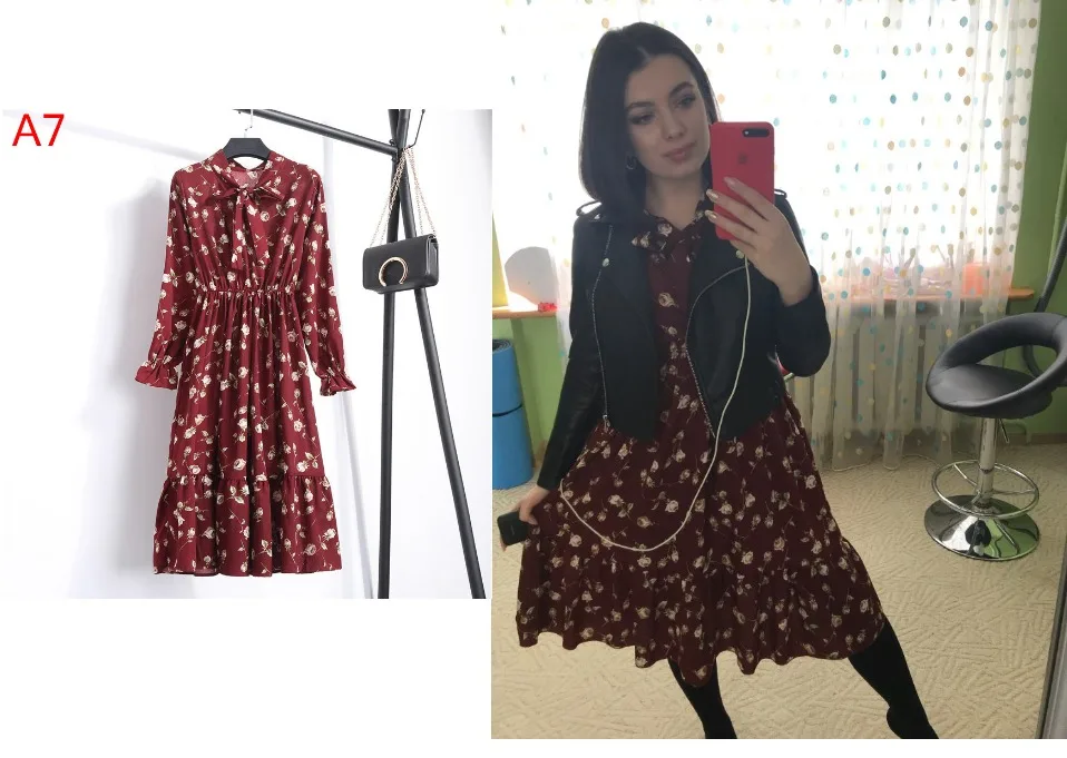 2021 Women Casual Autumn Dress Korean Style Vintage Floral Printed Chiffon Shirt Dress Long Sleeve Bow Midi Summer Dress Vestido