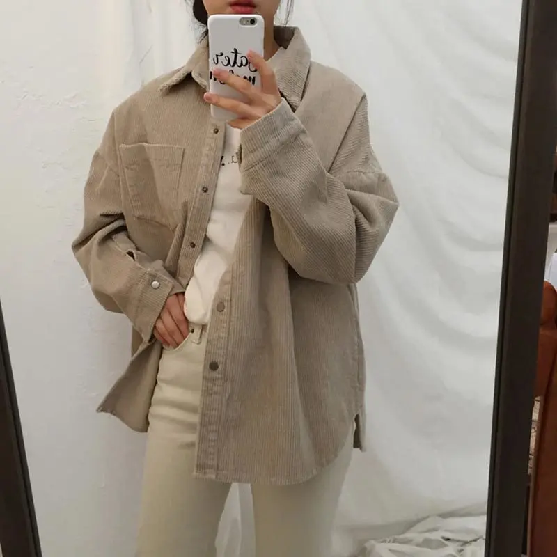 Новые вельветовые куртки Harajuku для женщин, осенне-зимние пальто размера плюс, женские большие Топы, милые Куртки, одноцветная одежда - Цвет: Apricot