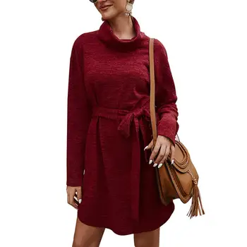 

Women Autumn Turtle Neck Long Sleeve Solid Color Waist Belt Loose Mini Dress Waist Belt Loose Mini Dress Women Autumn Mini Dress