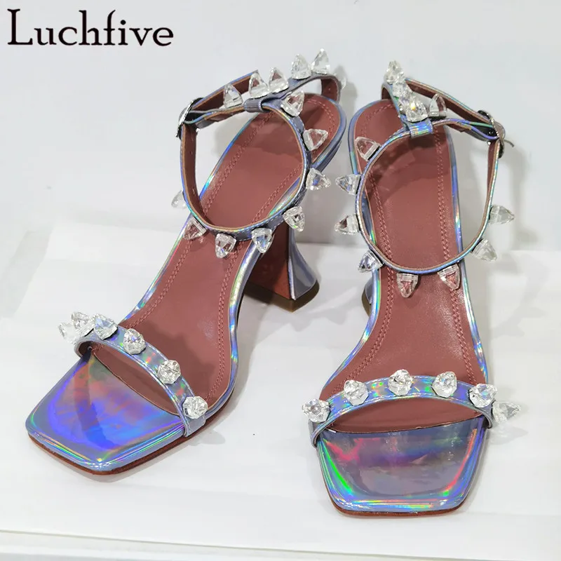 

Studded Rivets Peep Toe Sandals Sexy Ankle Strap Ladies Shoes High Heels Shoes Woman Crystal One Belt Sandals Mujer