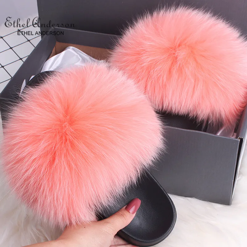 

ETHEL ANERSONN New Coming Real Booming Fluffy Fox Raccoon Fur Slippers Women's Slides Better Summer Colors Casual Beach Sandals