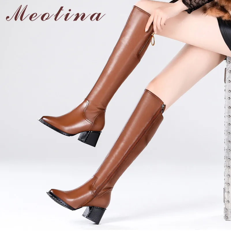 

Meotina Winter Over The Knee Boots Women Natural Genuine Leather Thick High Heels Tall Boots Zipper Pointed Toe Shoes Lady 34-42