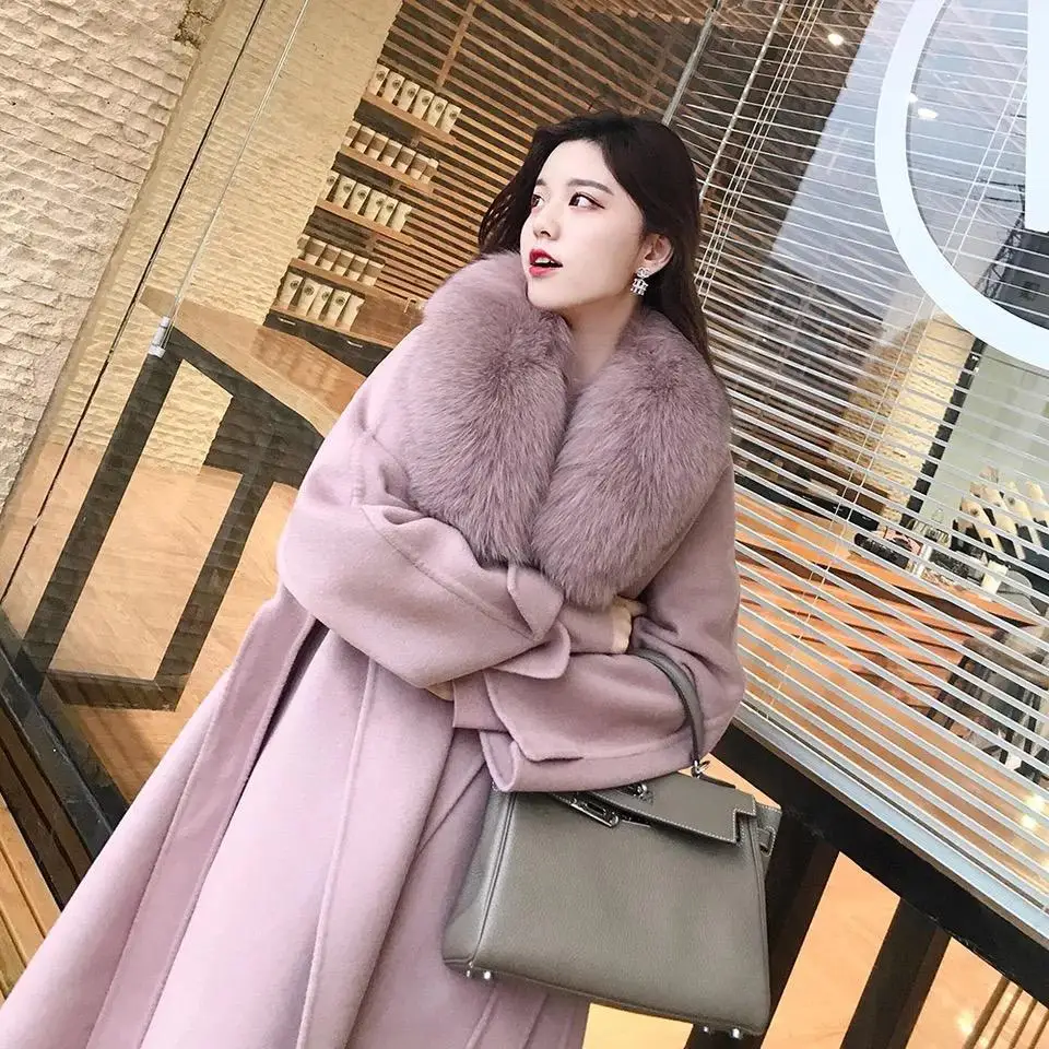 

with fox fur collar women long double-Whole skin oversized double-faced cashmere coatfaced wool coat