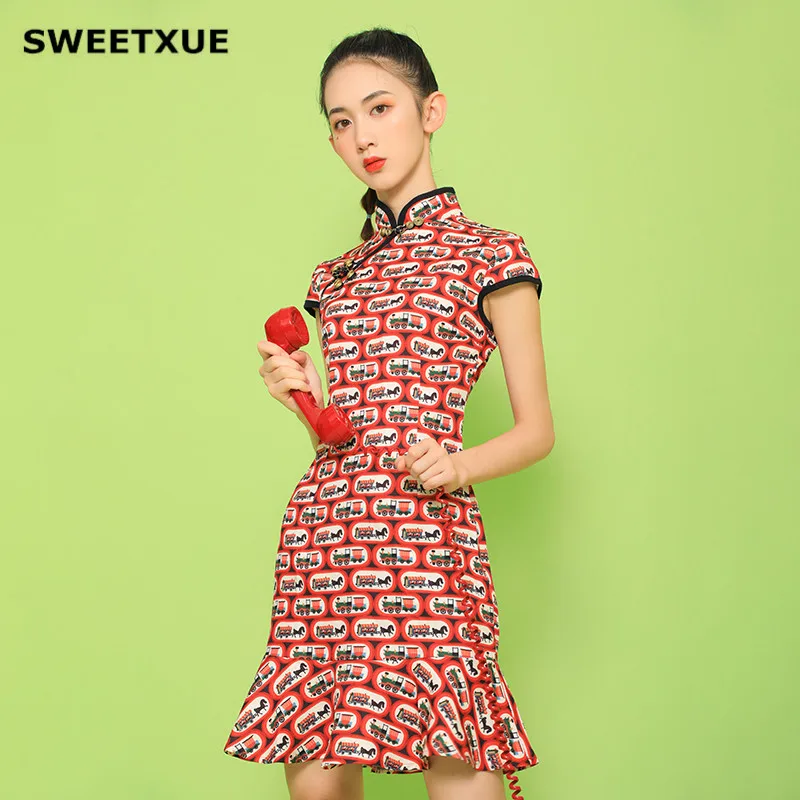 SWEETXUE/летнее улучшенное Новое Стильное платье Чонсам в китайском стиле, модное платье с хвостом, Современные Сексуальные вечерние платья с мини-шлейфом для девочек