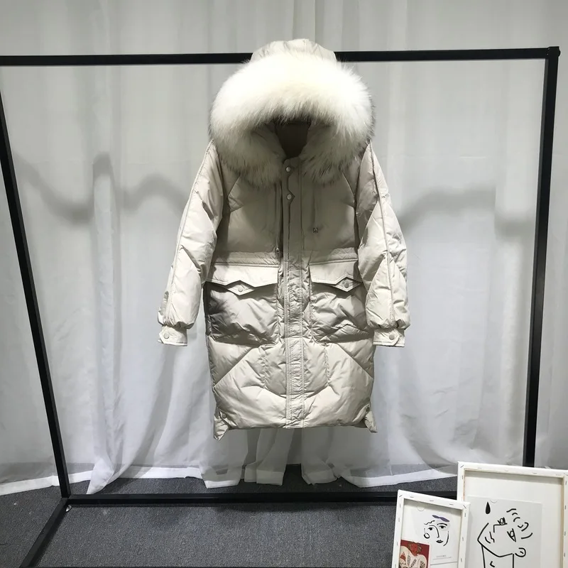 

2020, women's winter down jacket with hood, large raccoon fur collar, white duck down, coat, Korean Park, veste femme