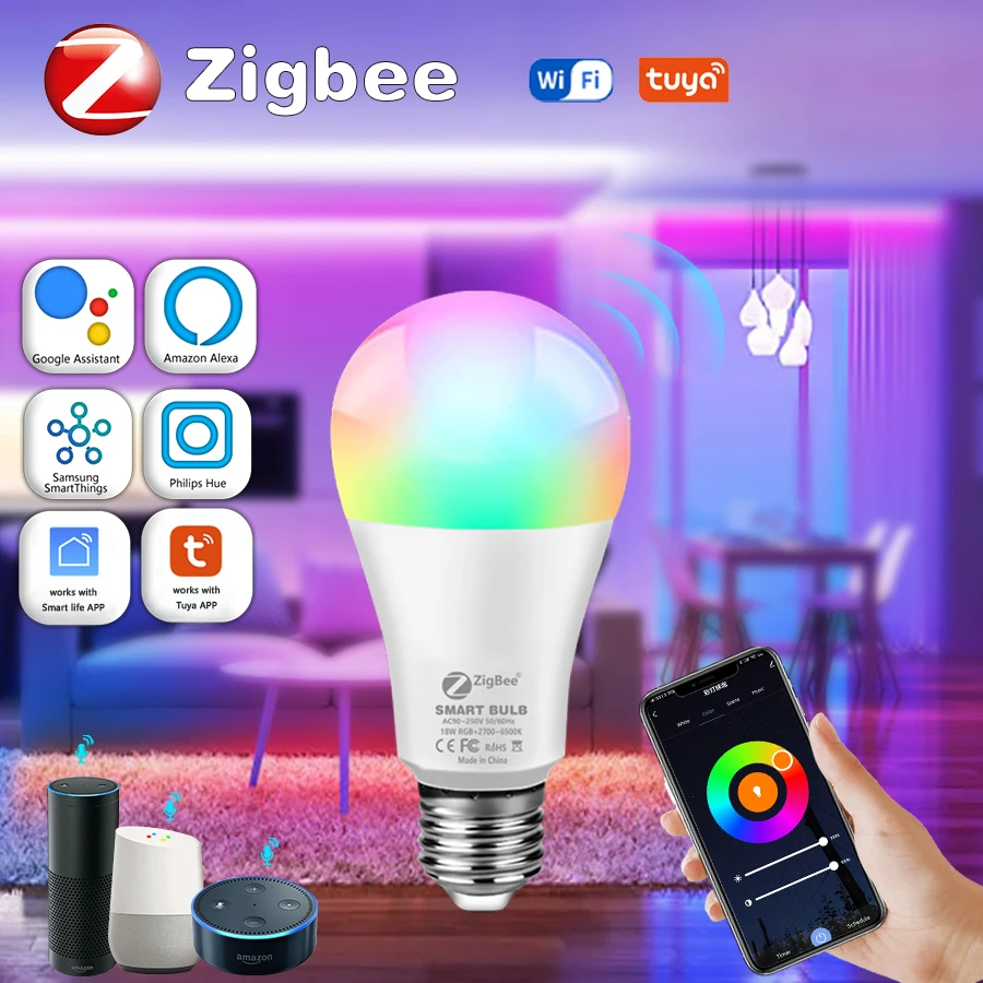 Светодиодная лампа Zigbee E27 умная RGB + CW WW 12 Вт 15 работает с приложением | Лампы и