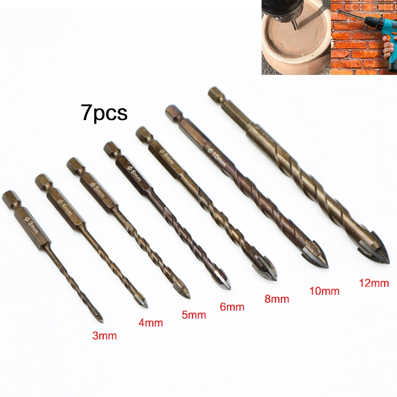 7Pcs/set Hex Shank Ceramic Tile Drill Bit Glass Concrete Hole Opener Alloy Triangle Size 3/4/5/6/8/10/12 mm | Инструменты