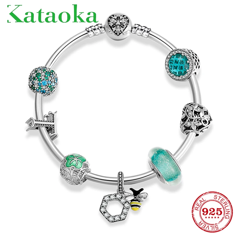 Красивый элегантный 925 серебряный браслет зеленый циркон бусины браслет с подвеской браслет для женщин модные подвески пчелы ювелирные изделия