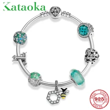 Красивый элегантный 925 серебряный браслет зеленый циркон бусины браслет с подвеской браслет для женщин модные подвески пчелы ювелирные изделия