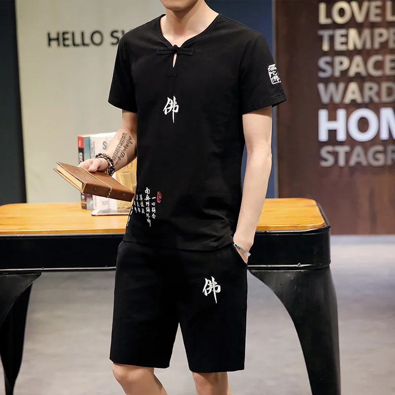 

Summer Men's Cotton Linen Short Sleeve T-shirt Shorts Set Chinese-style Flax Embroidered T-shirt Fashion