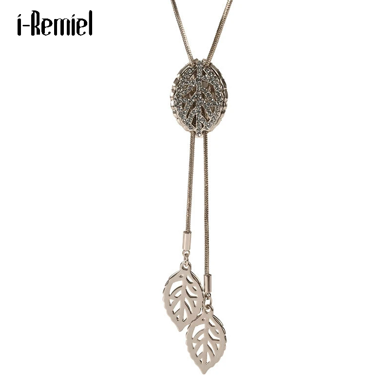 

Retro New Simple Leaf Sweater Chain Necklaces Jewelry Crystal Rhinestone Plant Long Necklace Female Women Clothes Accessories