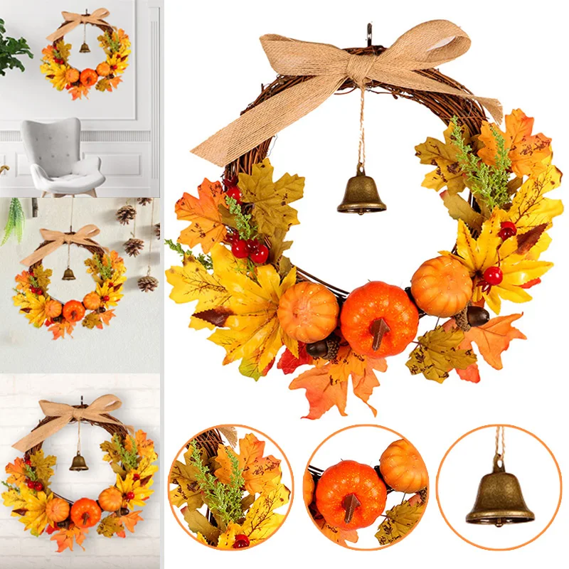 

Autumn Leaf Pumpkin Wreath with Bell Thanksgiving Halloween Front Door Home Decor J99Store