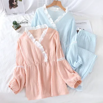

Sleepwear Cotton V-neck Female Pajams Suit Long Sleeve Pyjamas Loose Casual 2PCS Nightwear 2020 Spring&Summer Home Clothes1