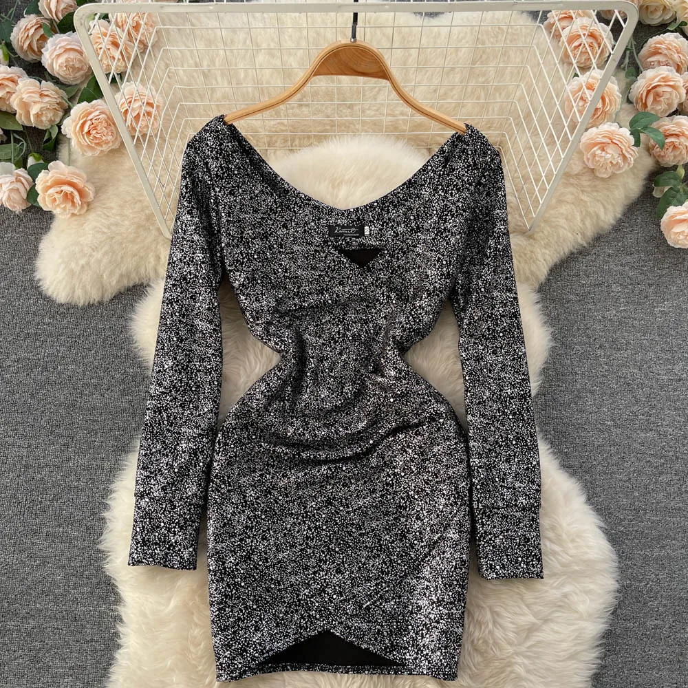 FMFSSOM 2022 Spring Women Deep V-neck Long Sleeve Dress Lady Evening Party Sexy Short mini Female Sheath Tassel Clothes | Женская одежда