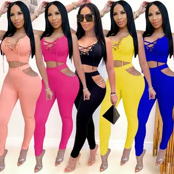 

ZKYZWX Sexy 2 Piece Set Women Summer Clothes Lace Up Crop Top and Pants Sweat Suits Two Piece Club Outfits Bodycon Matching Sets