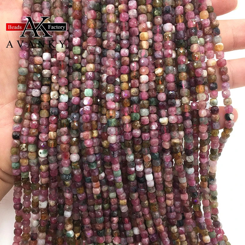 Natural Stone 4mm Colorful Tourmaline Handmade Faceted Cube Loose Beads For DIY Jewelry Making Bracelet Necklace