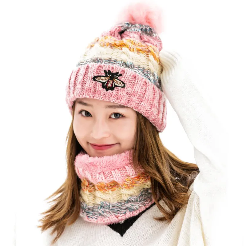 Женская вязаная шапка с помпоном зимний ветрозащитный Теплый термо-шарф для катания на лыжах Велоспорт Набор из шапки и шарфа - Цвет: P