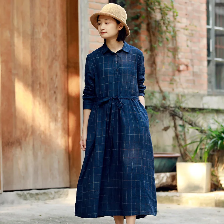 

Women Spring Autumn Plaid Dress Ladies Vintage Turn Down Collar Flax Dresses Female 2020 Retro Linen Dress