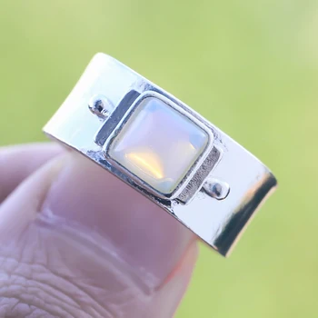 Vintage Womens Ring Geometric White Moonstone Wide Rings for Men Party Accessories Silver Color Opal Stone Charm Jewelry Gift