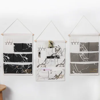 

6 Pockets Wall Hanging Storage Bags Cotton Linen Door Organizer Waterproof Pouch Bedroom Home Wall Decoration Marble Pattern