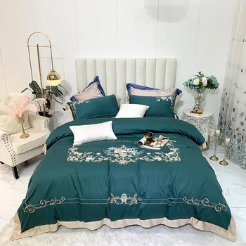 

Luxury Green 100S Satin Egyptian Cotton Bedding Set Blooming Flowers Embroidery Duvet Cover Bed Linen Fitted Sheet Pillowcases