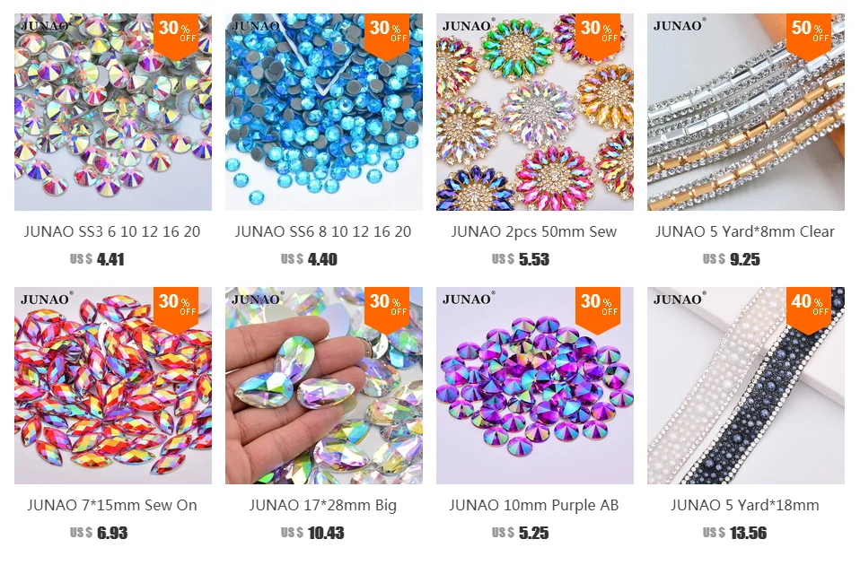 sewing material fabric JUNAO Wholesale ss6 ss8 ss10 ss12 ss16 ss20 ss30 Transparent AB Glass Flatback Rhinestone Non Hot Fix Strass Nail Crystal Stones sewing supply near me