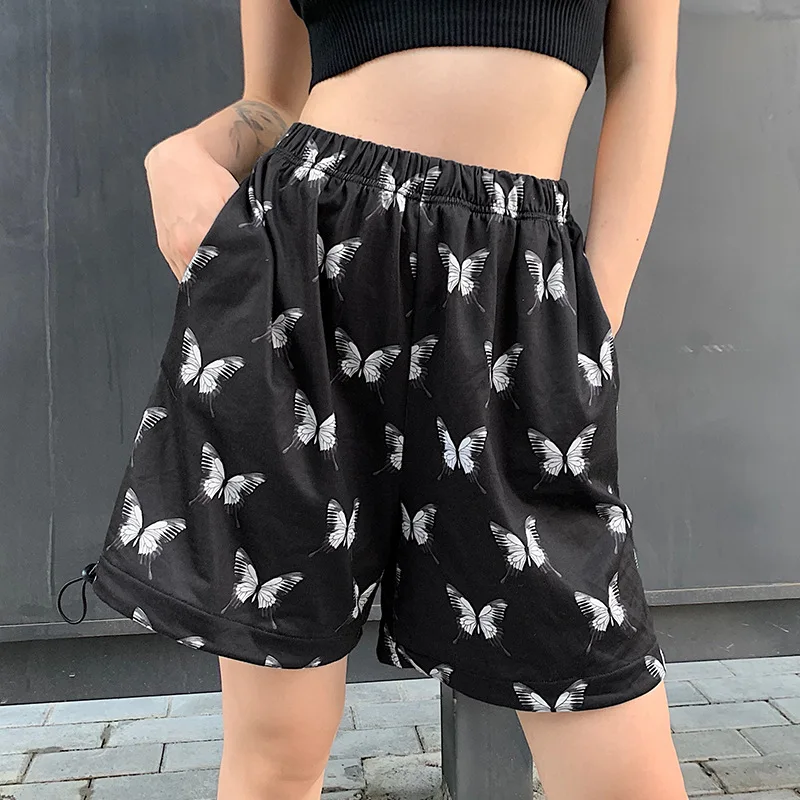 HIGAREDA Butterfly Print Casual Loose Short Pants Women Punk High Waisted Shorts Ladies Streetwear Pockets Summer