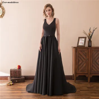 

Black Evening Dresses Long A-Line Open Back Sweep Train Simple 2019 Formal Gowns Prom Party Dress Robe de soiree