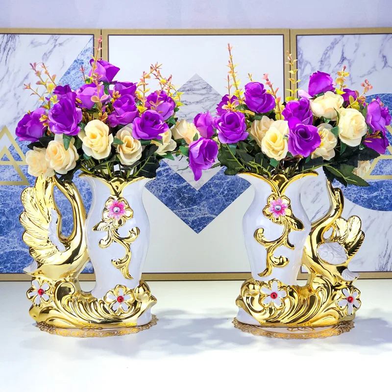 European Style Ceramic Golden Swan Flower Vase Maison Living Room