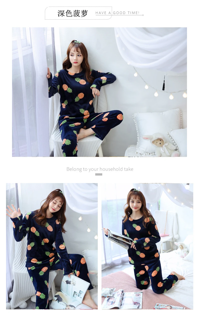 winter pyjamas Women Warm Flannel Pajama Set Thicken Girl Print pijama Long Sleeve Coral fleece Sleepwear Suit Women Nightshirt