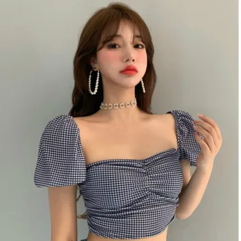 

New Women's Design Plaid Short Short-Sleeved Shirt Non-Mainstream Slim-Fit Square Collar Pullover Shirt Puff Sleeve Plaid