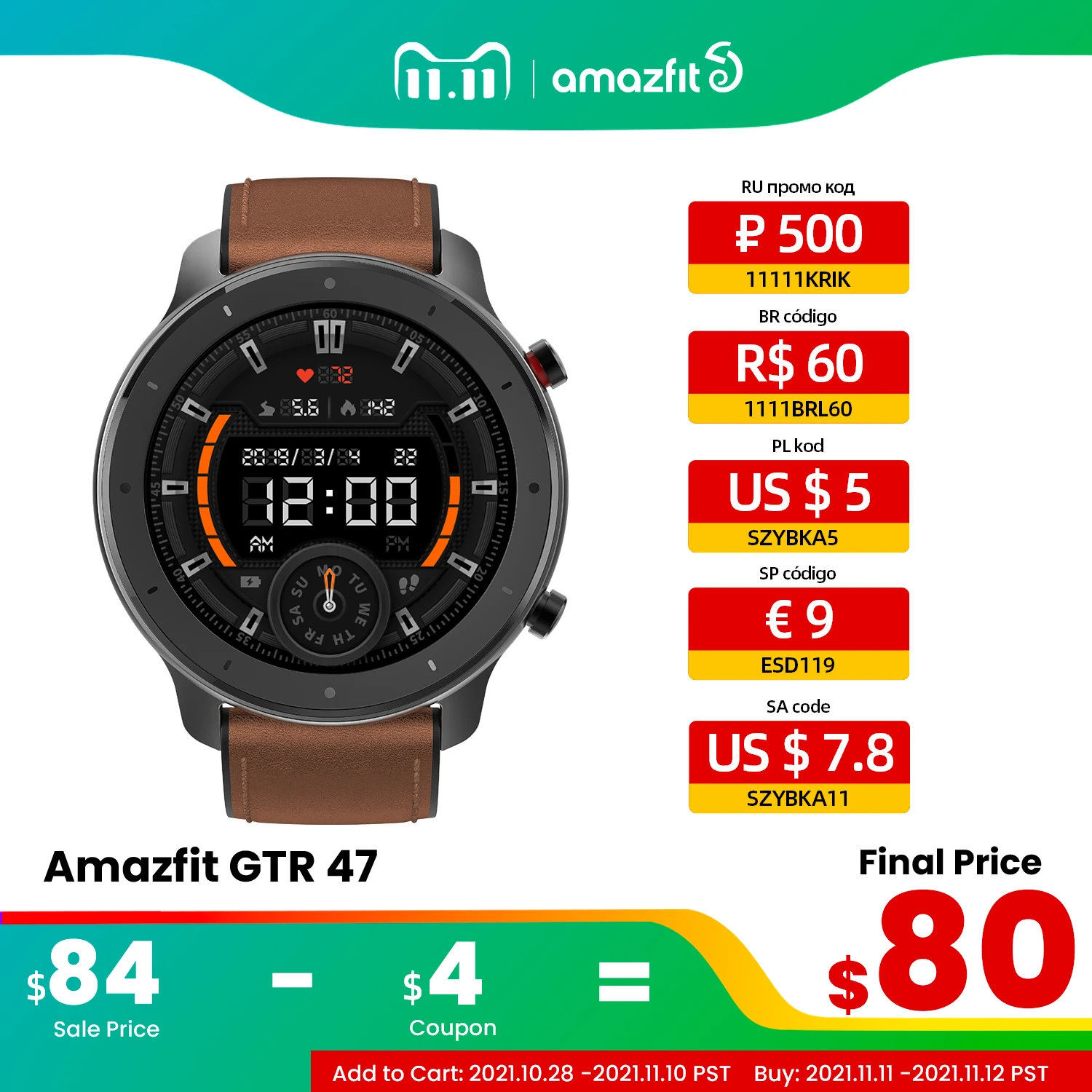  Умные часы Amazfit GTR 47 мм, 5 АТМ, новые умные часы с длинным аккумулятором, управление музыкой для телефонов Android и IOS 