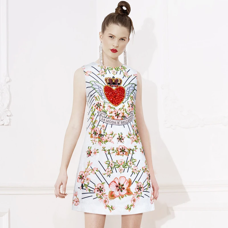

Luxury Runway Designer Summer Sleeveless Vintage Retro Dress Women Crystal Beading Floral Print Ladies Party Short Mini Dresses
