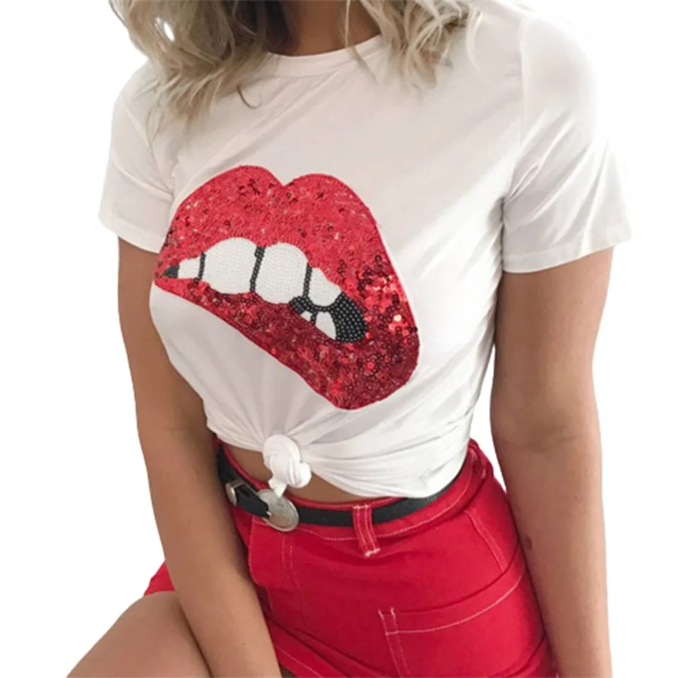 

2020 Summer New Red Lips Large Sizes For Women T Shirt Sexy Clothes Summer New Trendy Tops Personalized T Shirt Glitter Clothing