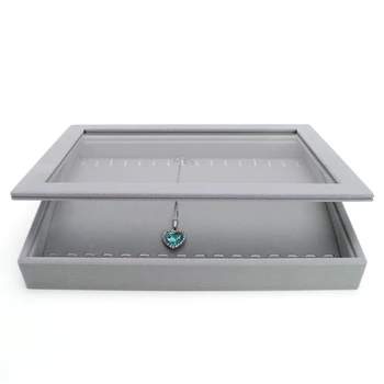 

New Ice Gray Velet 16 Hooks Pendent Tray Jewelry Necklace Ring Display Organize With Plastic Cover For Jewellery Holder Counter