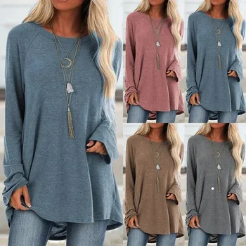 

2020 Autumn Hot Models Solid Color Casual Large Size Crew Neck Loose-Fit Long Sleeve Pullover T-shirt Mid-length